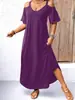 Nuevo vestido largo de color liso con cuello en V y hombros descubiertos para mujer, transfronterizo de Amazon Europa y América 2025