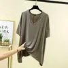 Nueva camiseta de diseño de verano de manga corta para mujer, tejido de modal, corte holgado, talla grande, cuello en V, camiseta básica versátil para mujer