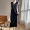 Vestido Longo de Tricô Gola Redonda, Mistura de Lã Calibre 16, Para Primavera e Outono, Camada Base Elástica, Novo Vestido Regata Sem Mangas