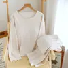 Pijama con Almohadillas para el Pecho para Mujer, Algodón Puro, Primavera y Otoño, Delgado, Holgado, de Manga Larga, Pantalón Largo, Sencillo, Se Puede Usar Afuera, Ropa para el Hogar, Conjunto de Dos Piezas