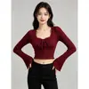 Atacado de Fábrica Outono Inverno Gola Quadrada com Renda Cropped Manga Longa Camiseta Feminina Manga Sino Recorte Emagrecedor Ajustado Top