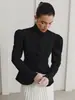 Blazer Transpirable Negro de Manga Abullonada con Cintura Ajustada para Mujer, Estilo Europeo y Americano, Chaqueta de Invierno 2026 de Gama Alta con Cuello Alto, Moda para Mujer