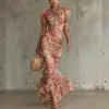 Vestido largo de gasa vintage estilo francés, verano, cuello alto, manga abullonada, entallado en la cintura, adelgazante, cola de pez, elegante para dama, de vacaciones