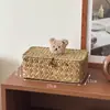 Caja de Almacenamiento de Escritorio, Caja de Regalo Tejida con Hierba de Ratán con Tapa, Cesta para Artículos Varios a Prueba de Polvo, Caja de Regalo Creativa, Caja de Joyas al por Mayor