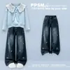 Conjunto de Duas Peças para Meninas 2026 Primavera/Outono Novo Suéter Doce e Fofo com Gola Boneca e Calça Jeans Casual da Moda
