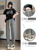 Calças Xadrez Leggings Seda Gelo Femininas Verão Finas Cintura Alta Xadrez Preto e Branco Slim Versátil Casual Soltas Calças Esportivas