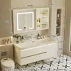 Gabinete de baño con lavabo integrado de piedra chapado en oro de lujo ligero estilo italiano, juego de tocador para baño