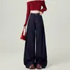 Jeans Vintage Azul Escuro de Perna Larga Grande Feminino Moda Primavera e Verão Novo Estilo Cintura Alta Afundada Calças Afundadas Soltas