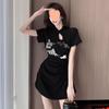 Nuevo vestido cheongsam con hebilla de estilo chino para mujer, vestido de verano con estampado de Spice Girl, manga corta, falda plisada con cordón y cintura a la cadera.