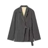 Para Comercio Exterior Europeo y Americano Transfronterizo Ropa de Mujer Aliexpress Más Vendido Otoño Gris Oscuro Rayas Verticales Cinturón Corbado Conjunto de Traje Pantalones de Pierna Ancha