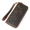 1169 Comercio Exterior Transfronterizo Cartera Larga de Cuero Crazy Horse para Hombres y Mujeres, Cuero Genuino, Piel de Vaca Pura de Primera Capa, Cartera Vintage con Patrón Floral