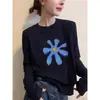 Camiseta de manga larga acanalada de algodón puro azul marino, nuevo estilo 2026, top elegante para mujer de principios de otoño, extremadamente atractivo