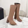 Cross2026 Outono Inverno Novo Cano Largo Bico Fino Salto Bloco Botas Longas Acima do Joelho Simples Emagrecedoras Franzidas Botas Femininas