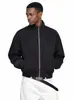 Jaqueta Boxy Retrô Outono/Inverno Patchwork Americano Lavada Desgastada Gola Alta Canelada Jaqueta com Zíper para Homens e Mulheres