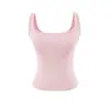 Camiseta de tirantes anchos cuadrada para yoga estilo europeo y americano con almohadillas en el pecho, acanalada, ajustada, que ciñe la cintura, camisola de verano para fitness