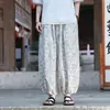 Calças Masculinas de Pernas Largas, Calças Lanternas de Seda de Gelo de Nove Pontos, Verão Finas Estilo Chinês Estampadas Tamanho Plus Calças Harem Vintage