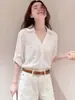Camisa Branca de Linho Estilo Old Money para Mulheres, Nova para Verão e Outono, Manga Meia, Gola Reversível, Solta, Casual, para o Trabalho, Jaqueta Top