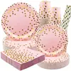 Copos de papel descartáveis, pratos e guardanapos pretos com bolinhas rosa, impressos com folha de ouro, estilo europeu e americano, para decoração de festa de aniversário