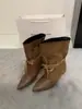 ~Botas de Montaria Femininas Retro Outono 2026 Bico Fino Meio da Panturrilha com Salto Escondido, Tiras e Design Franzido