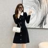 Falda negra de punto estilo Hepburn para mujer, nuevo estilo de otoño, estilo Chanel, cintura alta, corte A, base, manga larga, vestido tipo suéter