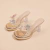 Pantuflas de Tacón de Cristal para Mujer para Usar en Verano Nuevo Estilo Flor Tacón Grueso Moda Sandalias Transparentes de una Línea para Mujer