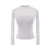 Camiseta de Malla con Empalme Ligeramente Transparente, Cuello Redondo, Manga Larga para Mujer 2025 Otoño Nueva Sexy Ajustada Camiseta Base con Copas Incorporadas