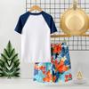 Roupa de Banho Infantil Meninos Conjunto Curto Manga Curta 2025 Nova Estampa de Letras Shorts de Praia Roupa de Banho Meninos Verão