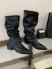 Chuyuji 2026 Verano Nuevas Botas Europeas y Americanas de Punta Fina con Tacón Grueso, Plisadas, Apiladas para Mujer, Adelgazantes y Versátiles Botas de Montura para Invierno