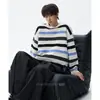 Suéter Masculino Gola Redonda Listrado Color Block Retrô Americano Outono Tendência Marca Texturizado Preguiçoso Casual Tricô Top