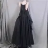 Falda de tirantes de algodón y lino para mujer, estilo nuevo de verano, artística, con dobladillo irregular, plisada, color liso, sin mangas, vestido de lino