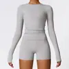 Top de Yoga com Gola Redonda e Manga Longa Costurada Mulher Toque Nude Secagem Rápida Slim Fit Cropped Camada Base Fitness Camiseta Esportiva de Manga Longa
