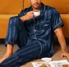 Pijamas Transfronterizos para Hombre Verano Manga Corta Largo Delgado Traje de Seda Cárdigan Rojo Seda Artificial Ropa de Casa para Hombre
