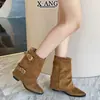 Pantalones de Cuero Genuino Estilo Vintage con Hebilla Botas para Piernas Botas de Media Caña para Mujer Tacones Gruesos Adelgazantes Arrugadas Apiladas Botas Vaqueras Occidentales