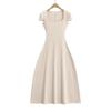 YPFF Moda Feminina Nova Gola Quadrada Francesa Ombreira Manga Curta Vestido Longo Puro Spice Girl Estilo Elegante Grande Vestido Swing
