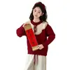 Suéter Infantil 2025 Inverno Novo Estilo Meninas Espessado Vermelho Festivo Roupa de Ano Novo Pulôver Malha Tendência