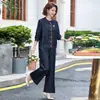 Madre de mediana edad mayor de 50 años traje elegante ropa de otoño top imitación mezclilla ropa para mujeres de mediana edad y ancianas moderno que reduce la edad conjunto de dos piezas