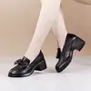Mocasines de piel suave para mujer para madres, nuevo modelo otoño 2026, tacón grueso, tacón integrado, punta redonda, lazo, mocasines casuales para mamá