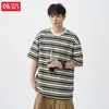 Camiseta de Manga Corta a Rayas de Bloques de Color con Textura Retro Japonesa Personalizada para Hombre Verano Bordado de Letras Manga Media