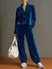 2026 Ropa europea y americana para mujer sitio independiente de Amazon cuello con volantes terciopelo manga larga casual moda holgada conjunto de ropa para el hogar