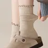 Meias Femininas Meias de Algodão Fio Meia de Cano Médio Outono Sem Costura Renda Cor Café Meias Largas Inverno Bege Par com Sapatos Birkenstock