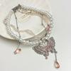 Collar de doble capa con cuentas de cristal y perlas de mariposa hueca con diamantes completos, diseño de nicho de lujo ligero, borla, cadena para clavícula con forma de gota de agua