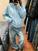 Sudadera con capucha y hombros caídos estilo retro americano azul para hombre y mujer, otoño, holgada, moderna, marca, pareja, top casual