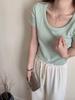 Camiseta de Algodón con Hilo Color Macarrón Estilo Coreano Verano Todo Combina Top Ultracorto Pulóver Cuello Redondo Estilo Sencillo para Mujer