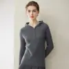Suéter luxuoso e macio 100% cashmere para mulheres, com capuz, zíper parcial, corte justo, canelado, suéter base de tricô para outono e inverno