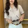 Camisa de Cânhamo com Gola Reversível Estilo Coreano, Novo Estilo de Verão, Versátil, Casual, Solta, Rejuvenescedora, Artística, Elegante, Blusa de Manga Curta 2026