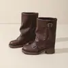 Botines Vaqueros Retro de Tacón Grueso para Mujer 2026 Nuevos Botines Individuales de Primavera y Otoño Botas Apiladas Plegadas Punta Redonda Hebilla de Cinturón Botas para la Pierna