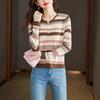 2025 Talla Grande Primavera y Otoño Nuevo Estilo Retro Rayado Manga Larga Moda Cuello en V Reductor de Edad Top Cárdigan de Punto