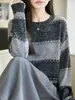 Suéter de Mujer Otoño Invierno Nuevo Cuello Redondo Bloques de Color Rayas Punto Versátil Rayas Lentejuelas Casual Holgado Jersey Manga Larga