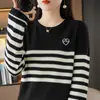 Estilo Novo Outono e Inverno Algodão Puro Moda Coreana Listrado Coração Gola Redonda Suéter Solto Versátil Base de Tricô de Algodão Camisa para Mulheres