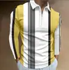 Nova camisa polo casual confortável de primavera e outono, com estampa 3D, manga longa, zíper, listrada, gola padre, camisa polo para atividades ao ar livre